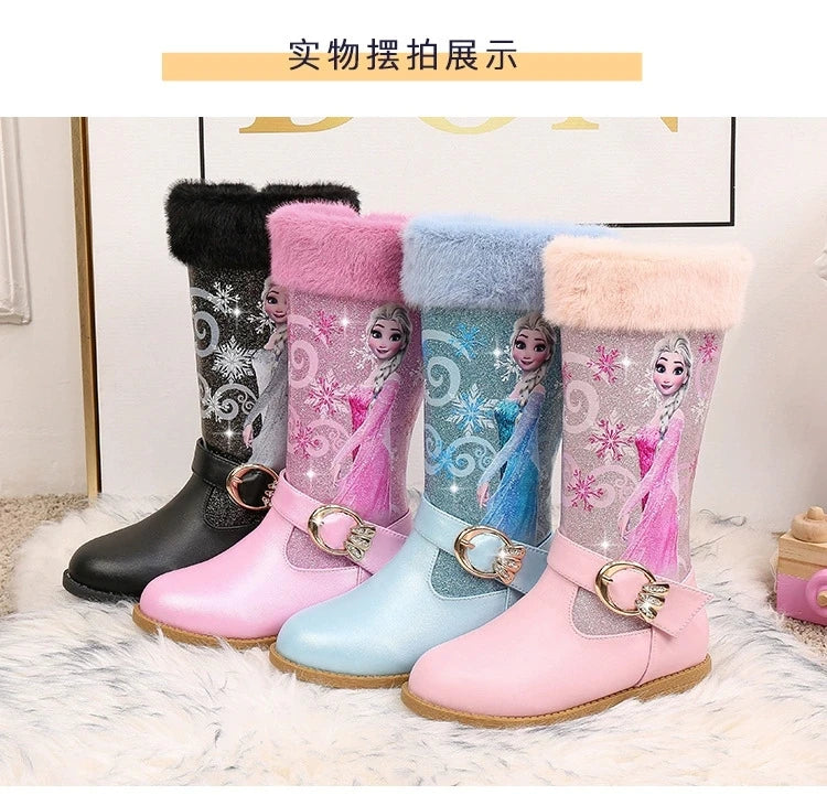 Disney Girls' Leather Boots Winter Cartoon Frozen Boots Zipper High Plush Princess Elsa Boots Warm Children's Boots Size 25-36