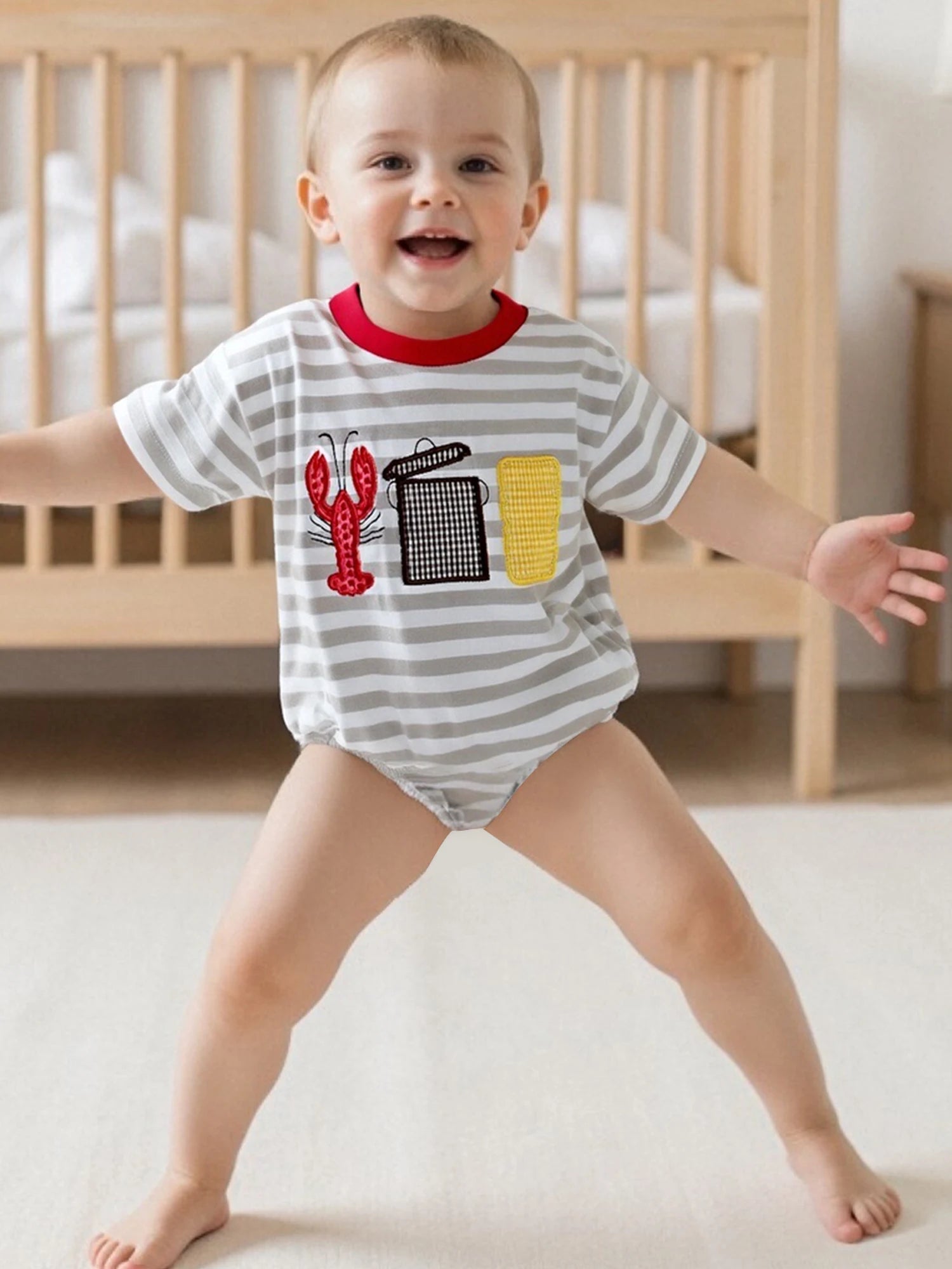Toddler Boy Casual Striped Romper with Short Sleeves and Cute Lobster Embroidery Round Neck Summer Jumpsuit for Baby Boys