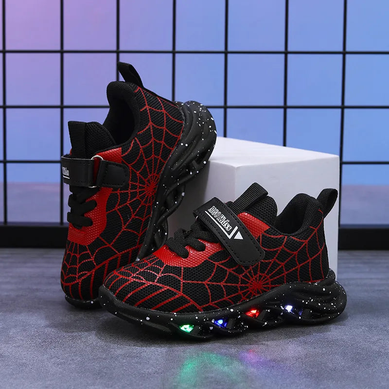 Disney LED Casual Sneakers Spider-Man Red Black For Spring Boys Mesh Outdoor Shoes Children Lighted Non-slip Shoes Size 21-30
