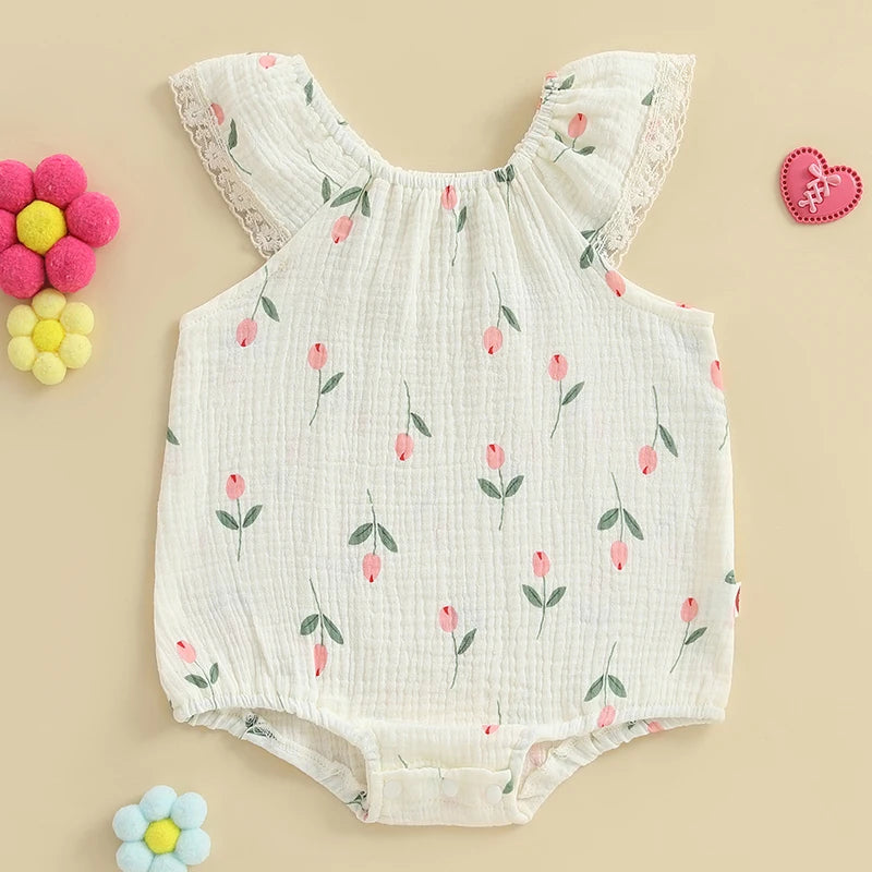 Toddler Girl Sleeveless Romper with Floral Print and Lace Detail Round Neck Jumpsuit for Summer Cute Bubble Bodysuit