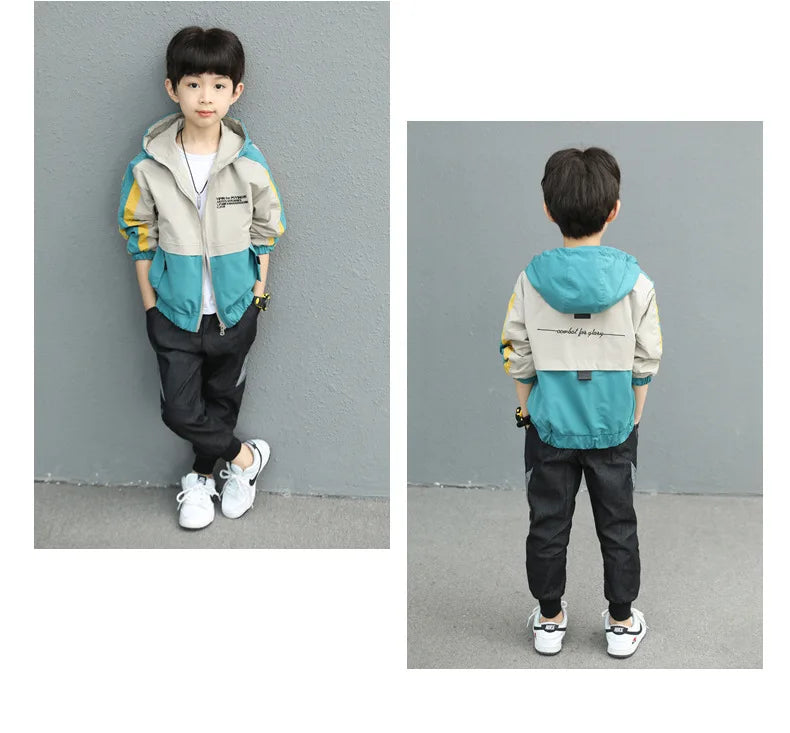 New Handsome Teenager Boys Hoodies Fashion Splicing Style Coat For Kids 3-12 Years Children Windbreaker Jacket