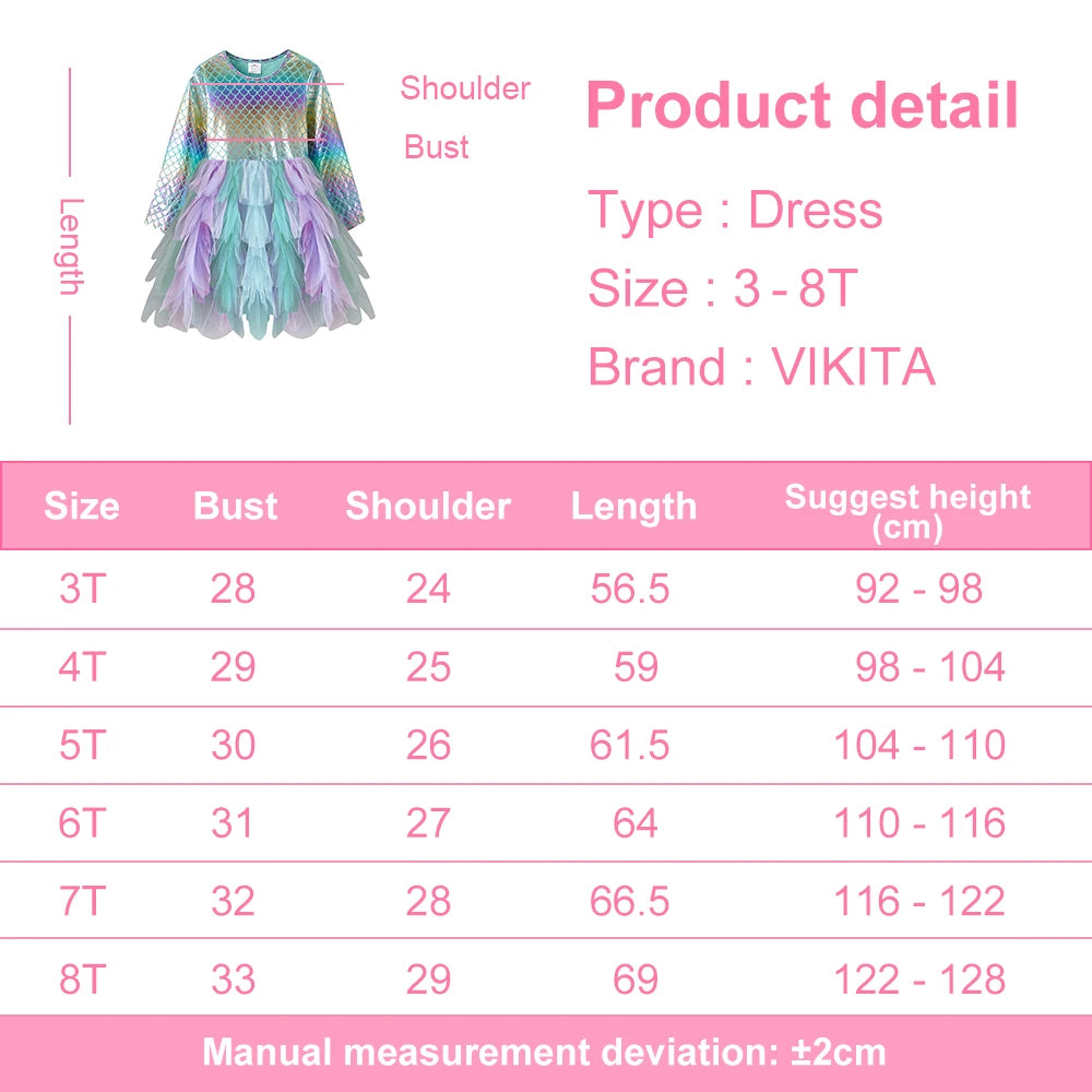 VIKITA Toddlers Girls Mermaid Print Dress Kids Colorful Gradient Layered Mesh Tulle Elegant Birthday Party Princess Tutu Dresse
