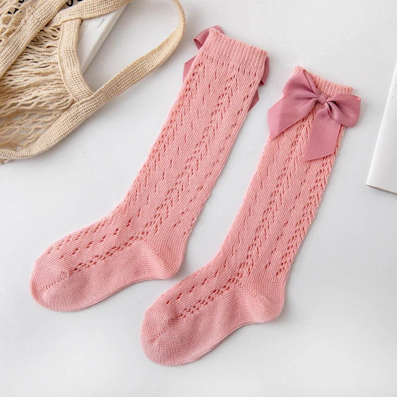 1 Pairs Summer Bow Baby Girls Socks Toddler Long Sock Infant Knee High Cotton Mesh Spanish Style Breathable Socks For 0-8Years