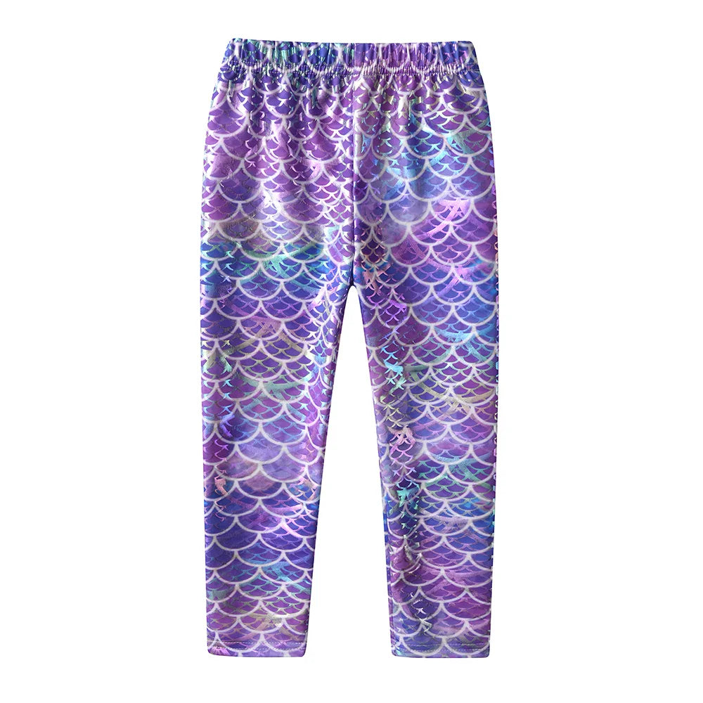 VIKITA Kids Mermaid Print Leggings Girls Performance Birthday Party Princess Trousers Kids Skinny Pencil Pants Kids Clothes 3-12
