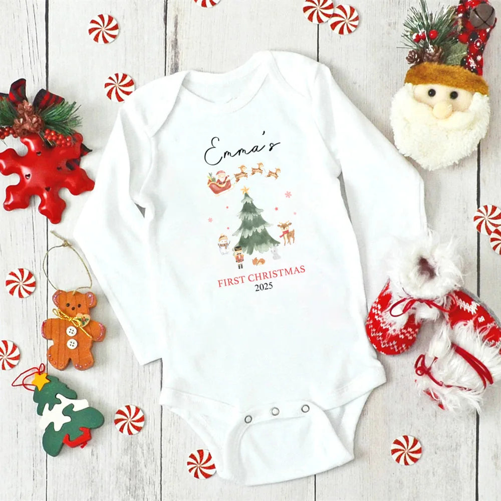 Personalised First Christmas Baby Outfit Newborn Baby Girls Boy Long Sleeve Cartoon Winter Romper My First Xmas Jumpsuit Outfit