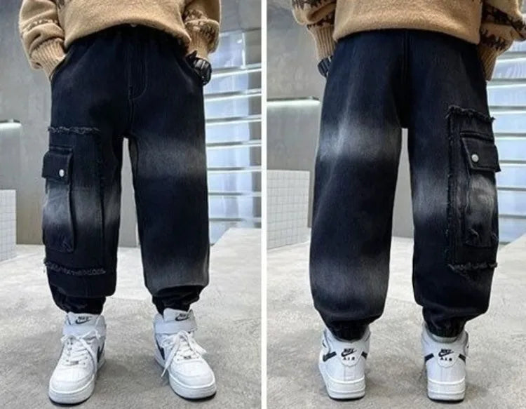 2025 Boys' Cargo Pants All-Season Washed Tie-Dye Denim Long Pants Trendy Casual Style