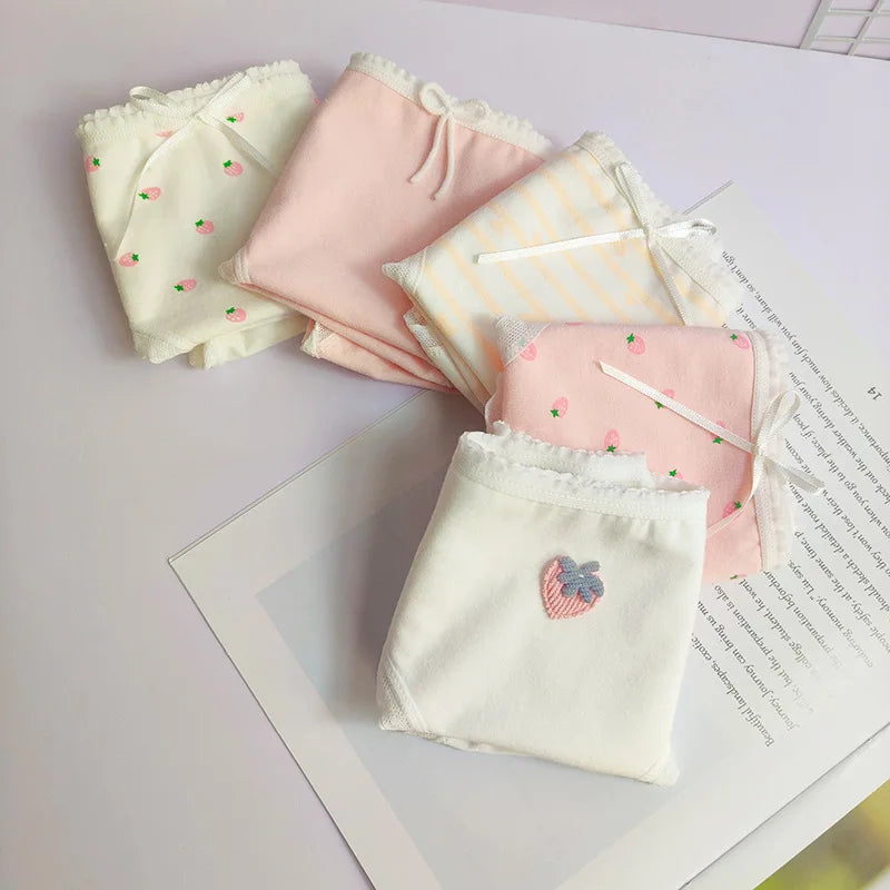 5PCS Girls Cotton Soft Antibacterial Briefs Kids Pink Strawberry Print Knickers 7+y Young Children Breathable Comfort Underwears