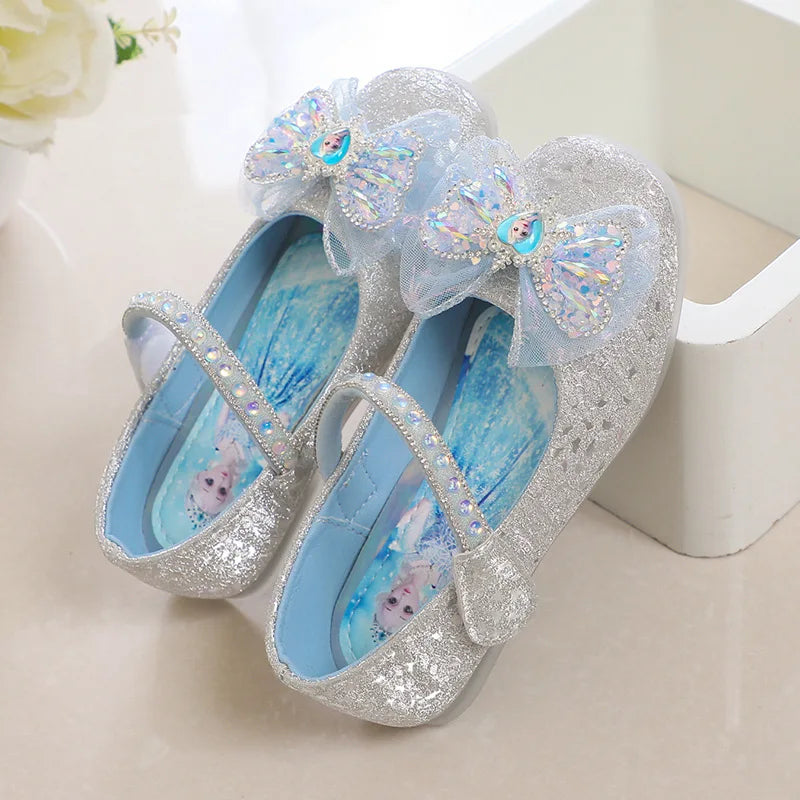 Kids'Casual Shoes Elsa Princess Frozen PU Leather Crystal Bow Spring Shoes For Girls Anti-slip Pink Blue Shoes Size 26-36