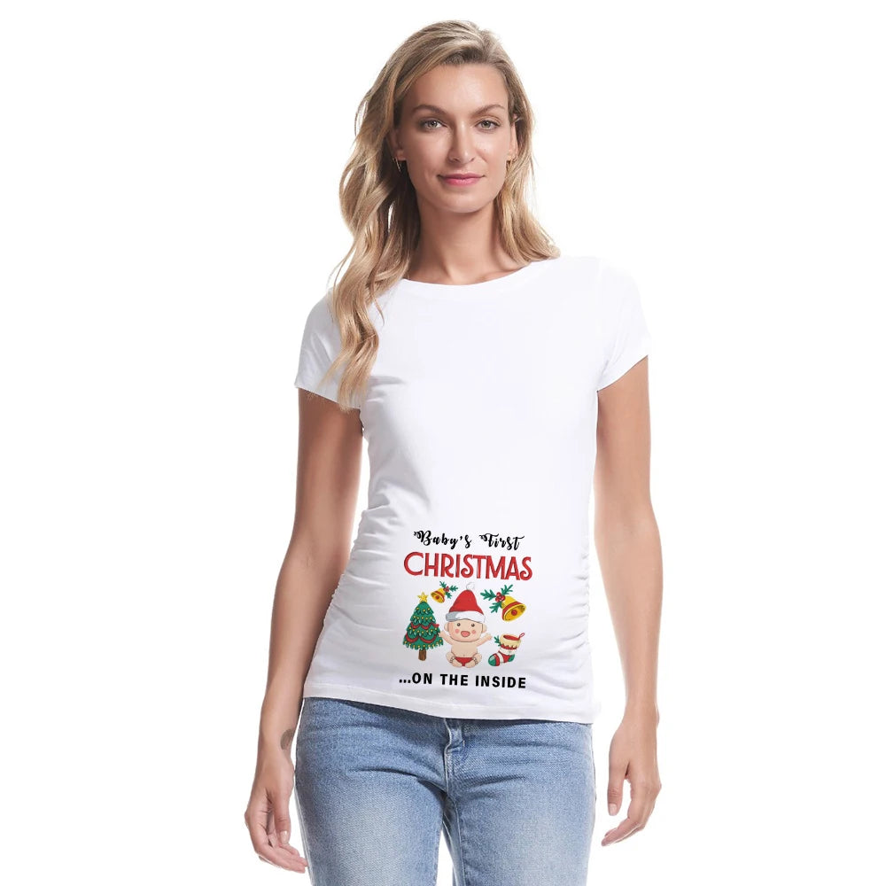 Baby 's First Christmas on The Inside Pregnancy T Shirt Maternity Shirts Xmas Pregnancy Announcement Shirt New Mom White Clothes