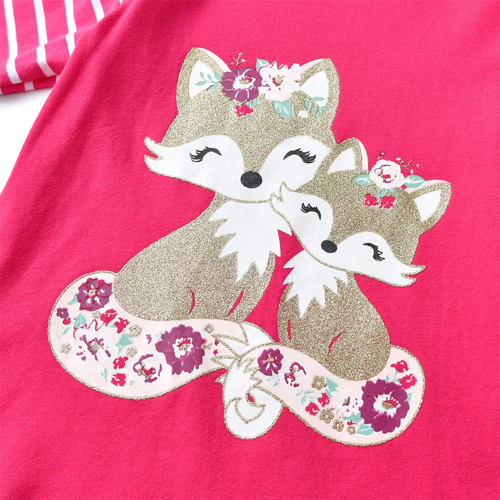 VIKITA Toddlers Rose Colored Long Sleeve Striped T Shirts Kids Based Casual Daily Cute Fox Floral Cartoon Print Cotton Tops Tees