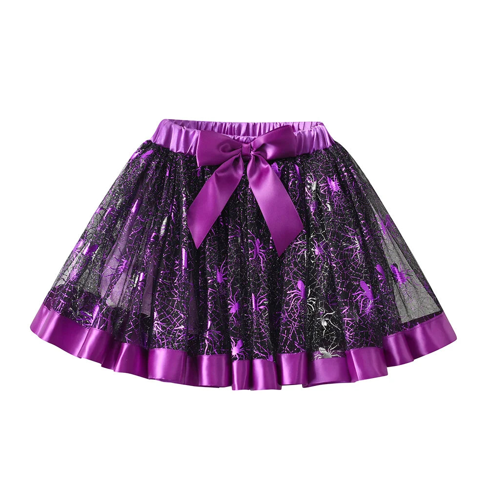 VIKITA Girls Halloween Festival Cosplay Skirt Kids Cobweb Purple Mesh Tulle Ruffles Party Princess Mini Skirts Children Clothes
