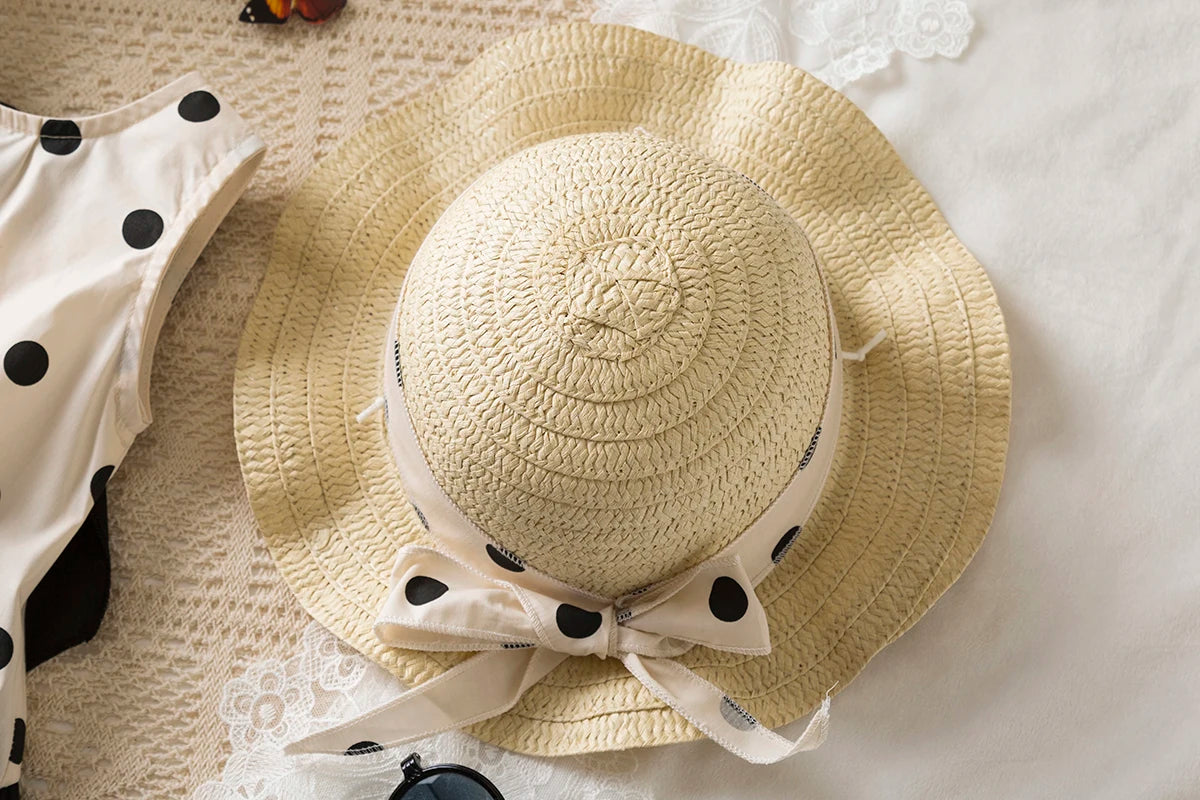 Sweet Black Bow Baby Girl Dress, Summer New Polka Dot Sleeveless Children'S Clothing With Free Hat (9 Months-4 Years Old)