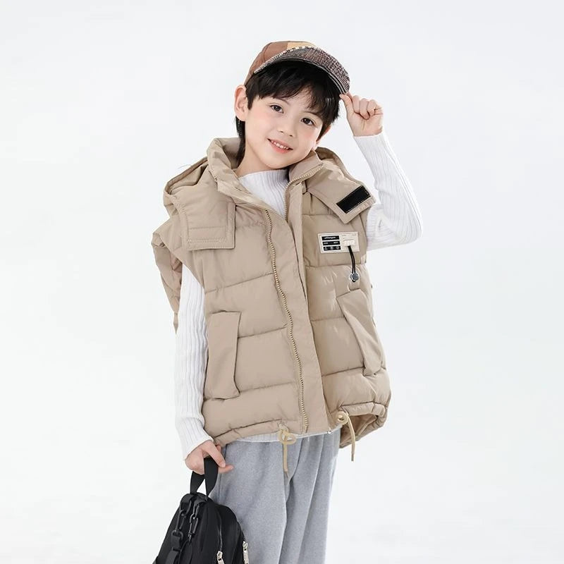 2025 Kids Puffy Windproof Quilted Sleeveless Jacket Korean Style Oversized Cargo Vest for Toddler Boys Thermal Insulated Outdoor