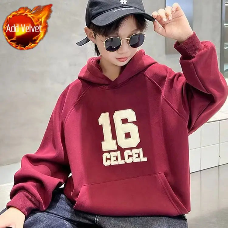 2025 Autumn Winter New Boys Mid-Large Size Fleece-Lined Hooded Sweatshirt - Stylish Boys Outerwear