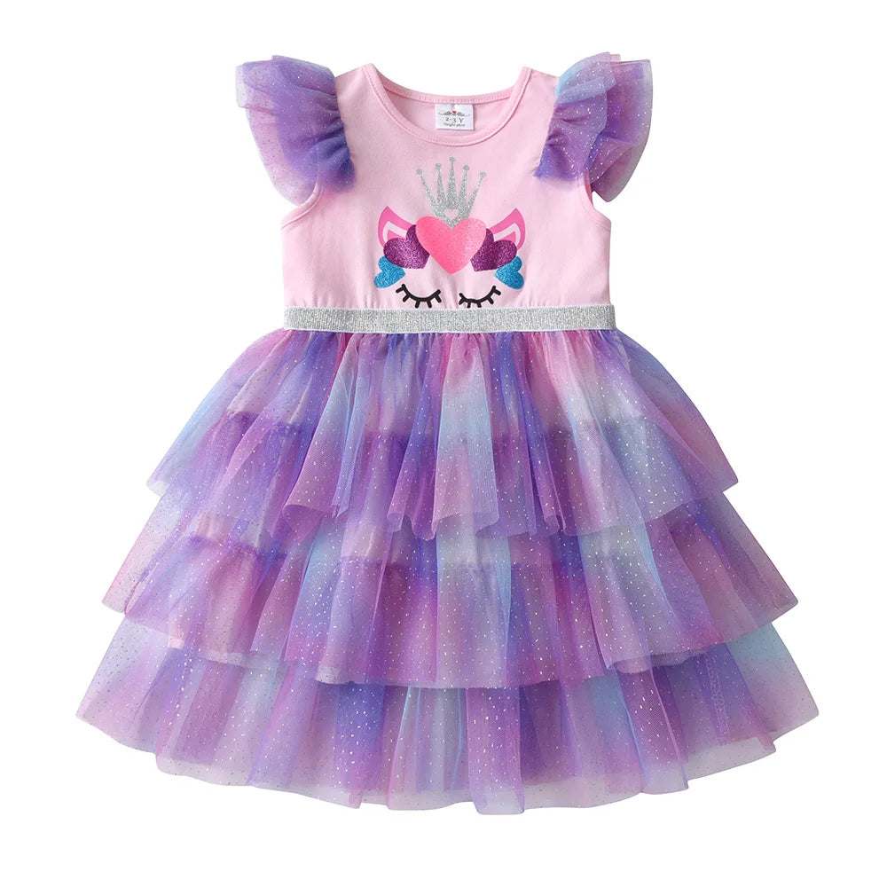 VIKITA Girls Unicorn Print Cartoon Dress Kids Summer Flare Sleeve Dresses Girls Layered Mesh Tulle Tutu Party Dress Kids Clothes