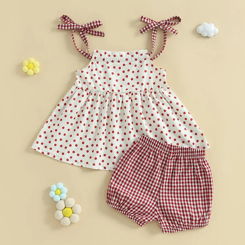 Toddler Girl Sleeveless Ruffle Top and Shorts Set with Cute Bow Detail and Elastic Waistband for Summer Beach Outfits