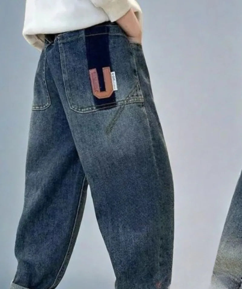 Kids Boys Thickened Winter Jeans Loose Fleece-Lined Long Pants Casual Stylish Warmth