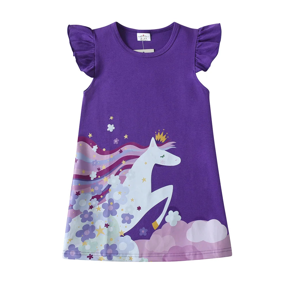 VIKITA Girls Flare Sleeve Summer Dress Kids Cotton Casual Licorne Flower Print Purple Princess Straight Dress Children Clothing