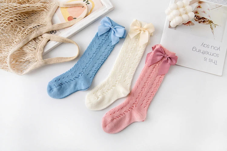 1 Pairs Summer Bow Baby Girls Socks Toddler Long Sock Infant Knee High Cotton Mesh Spanish Style Breathable Socks For 0-8Years