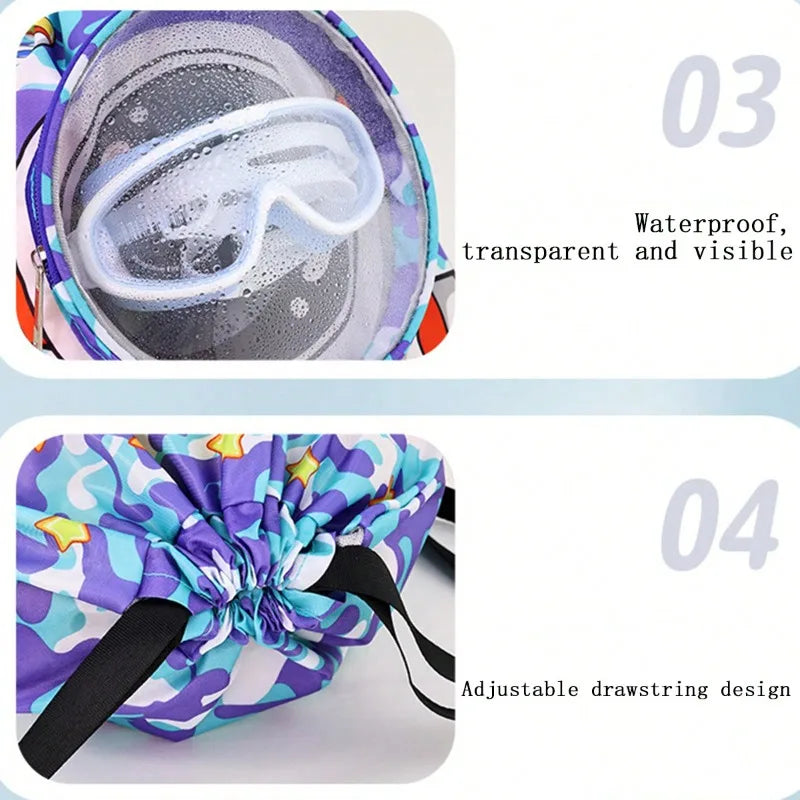 Kids Swim Beach Bag Drawstring Backpack with Shoe Compartment Cartoon Pool Bag for for Wet Swimming Sport Travel Boys Girls
