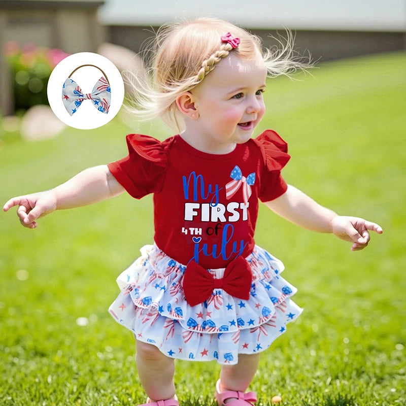 American Flag Print Sleeveless Romper Striped Ruffled Shorts Bow Headband Set for Baby Girl s Independence Day Outfit