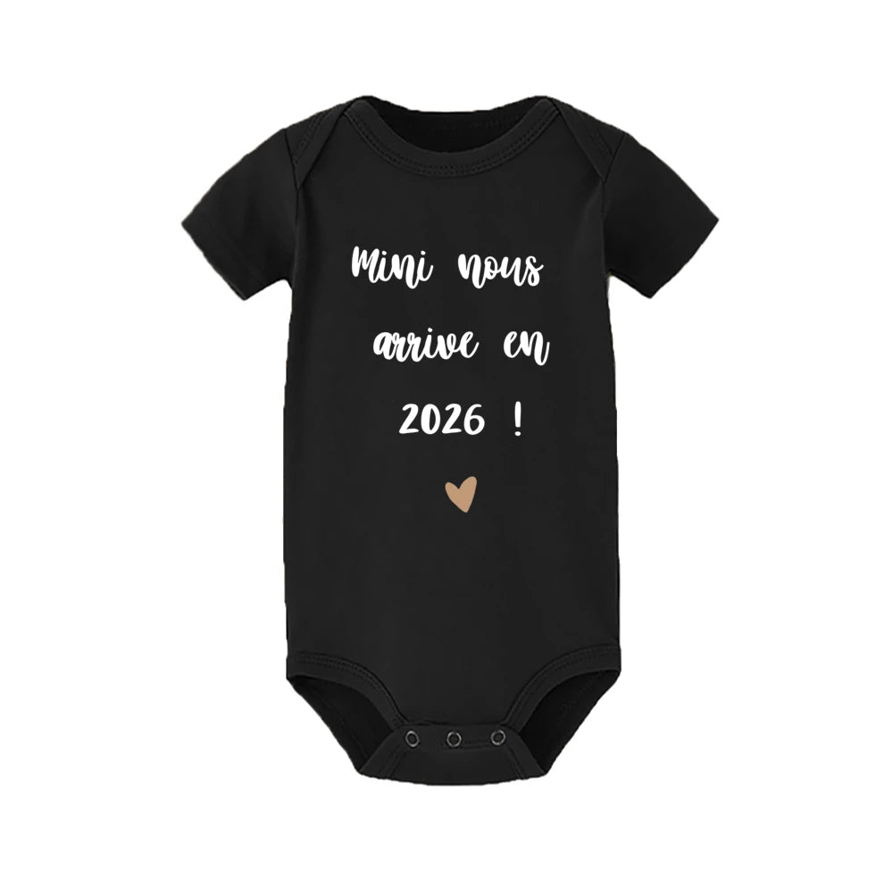 Mini Nous Arrive on 2026 Infant Romper Baby Casual Short Sleeve Jumpsuit Newborn Rompers Pregnancy Reveal Clothes