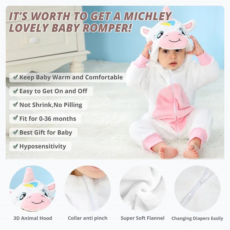 MICHLEY Halloween Costume Infant Baby Clothes Rompers Winter Flannel Hooded Bodysuits Pajamas Animals Overall Jumpsuit For Bebe