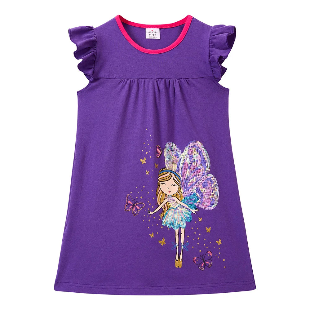 VIKITA Girls Summer Flare Sleeve Cotton Casual School Daily Frocks Purple Fairy Elf Butterfly Sequins Sparkling Straight Dress