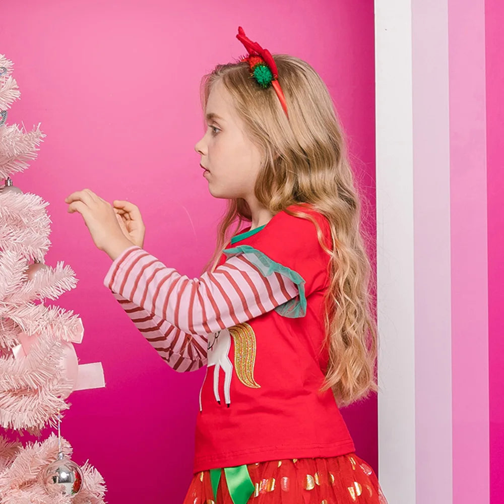 Girls Xmas Christmas New Year Christmas T Shirt Kids Licorne Cartoon Striped Cotton Tops and Tees Kids Party Casual Tees Giff