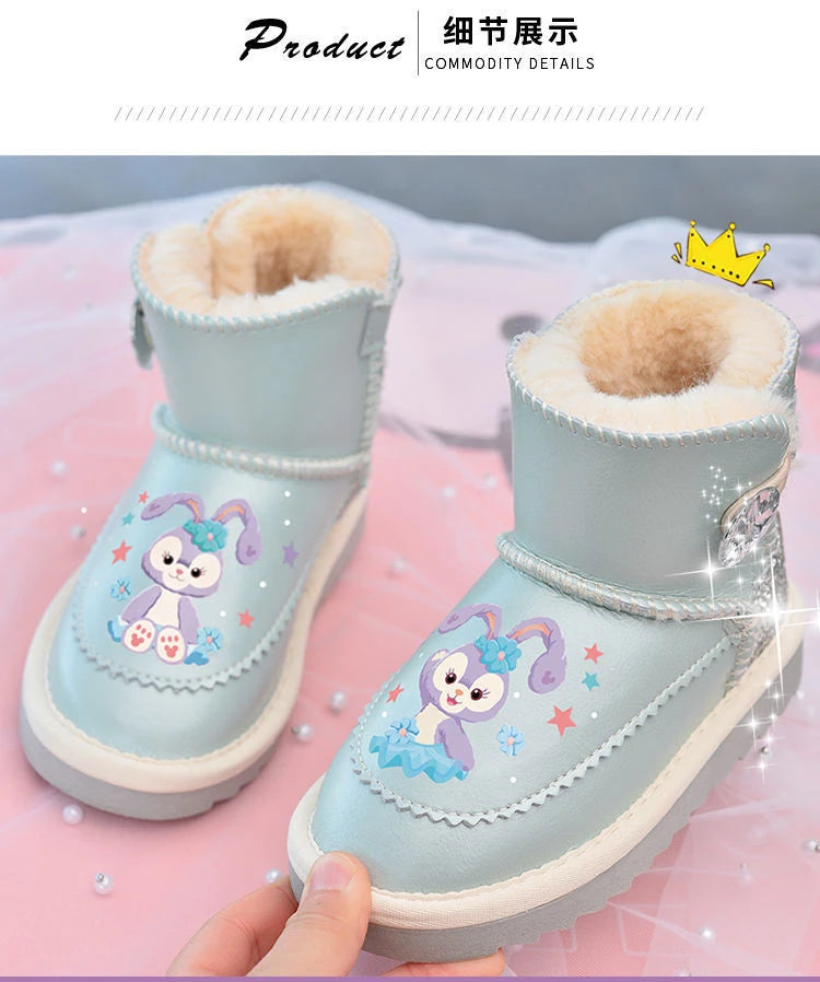 Disney Girls' Snow Boots Genuine Leather StellaLou Cartoon Waterproof Winter Children's Shoes Baby Girls' Thickened Ankle Boots
