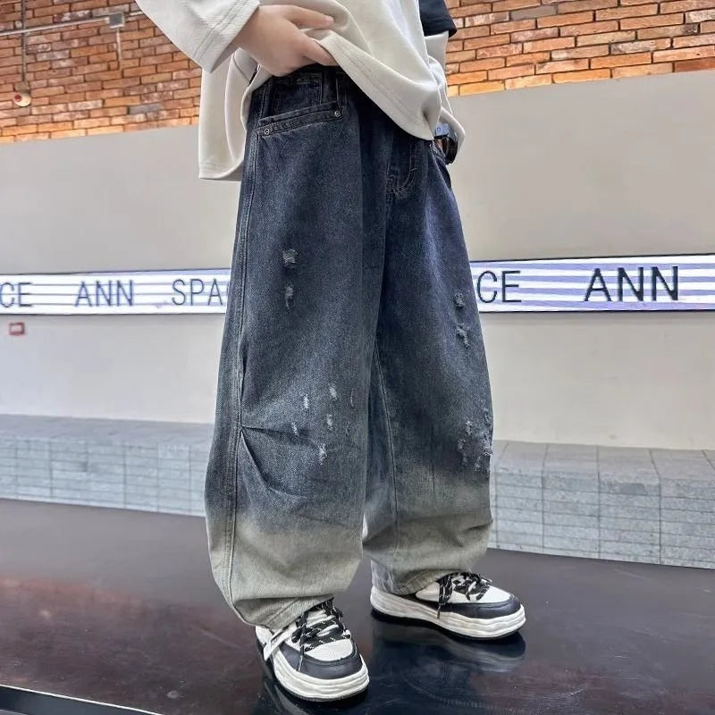 2025 New Boys' Gradient Denim Jeans Straight Leg Loose Fit Wide Pants for Kids Spring/Fall Casual Wear, Trendy & Stylish