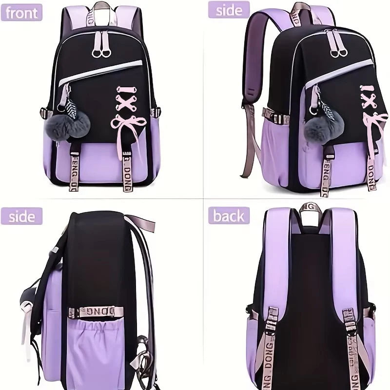 Large Capacity Schoolbag with Cute Plush Pendant Cute Girls Backpack Waterproof Nylon Fabric Bookbag for Kids Teens Students