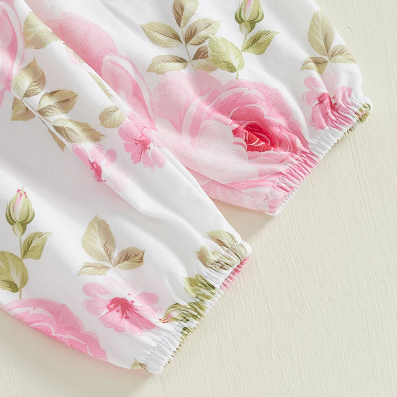 Baby Girls 4 Piece Outfit Letter Print Long Sleeves Romper and Floral Print Pants Headband Hat Set Cute Clothes