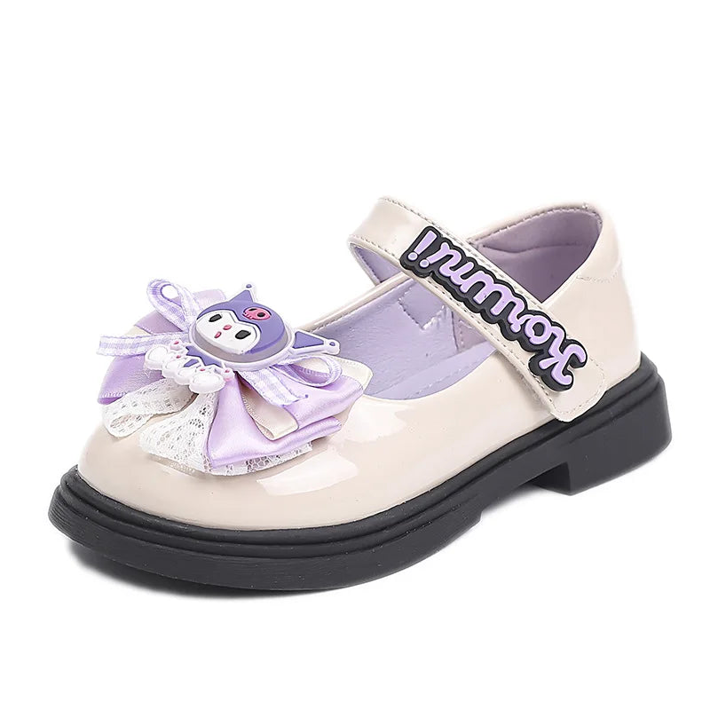 Kids'Sandals Kuromi PU Leather Bow Flat Spring Shoes For Girls Anti-slip Soft Thick Bottom White Black Shoes Size 26-36