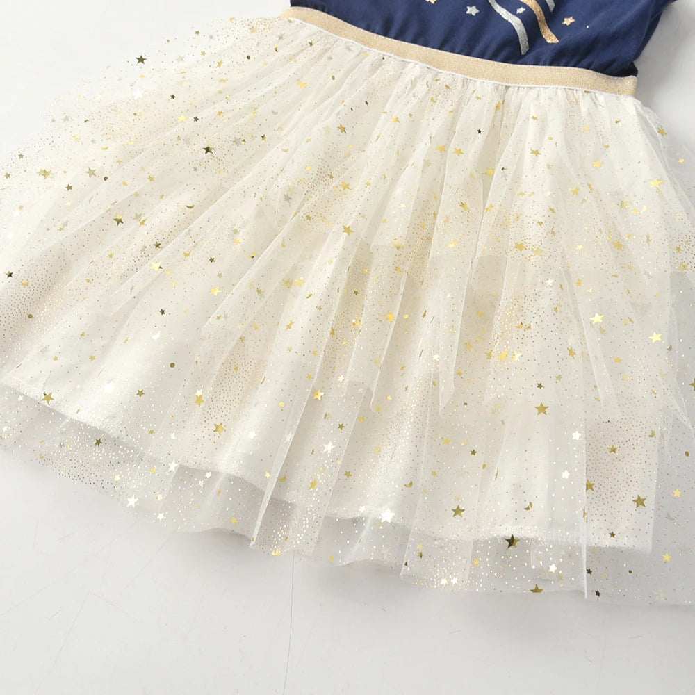 VIKITA Toddlers Flare Sleeve Summer Dress Kids Star Print Mesh Tulle Glitter Sparkling Festival Birthday Party Elegant Dress 5Y