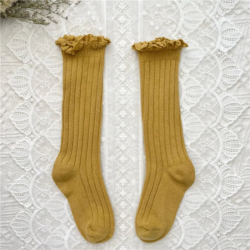 Ruffle Kids Knee High Socks Baby Girls Toddlers Long Soft Cotton Sock Lace Flower Children School Uniform Socks For 0-8Years