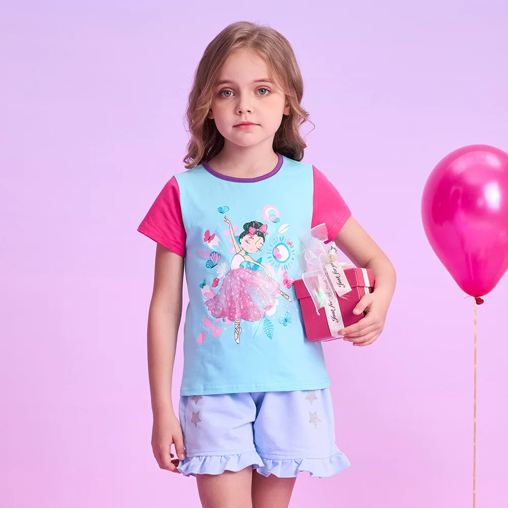 VIKITA Girls Doll Print Cartoon T Shirt Kids O Neck Cotton School Daily Tops and Tees Casual Wear Kids Summer Short Sleeve Tees