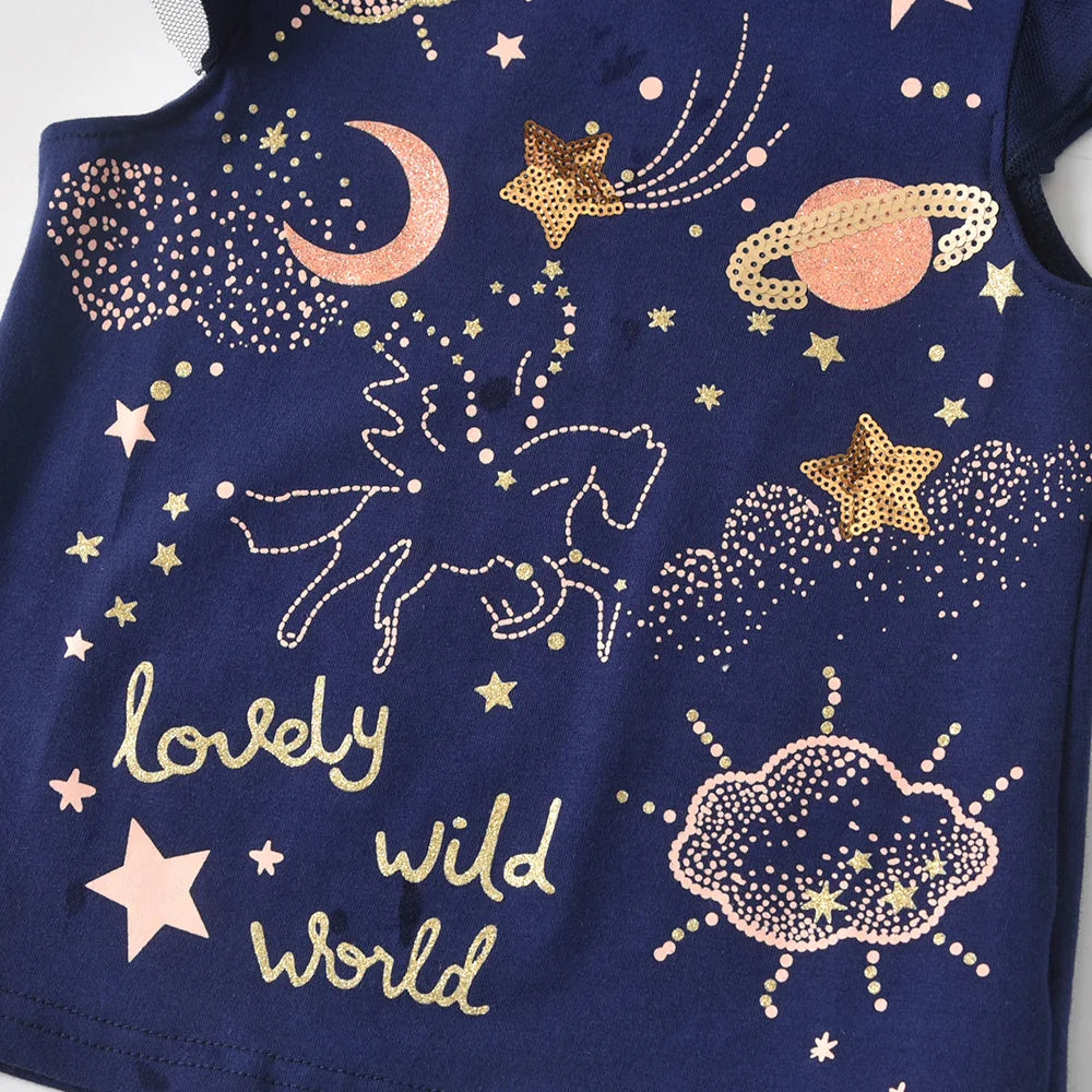 VIKITA Toddlers Girls Tops Tees Kids Glittery Stars Unicorn Starry Sequins Appliqued Fashion Navy Blue Cotton Casual T Shirt