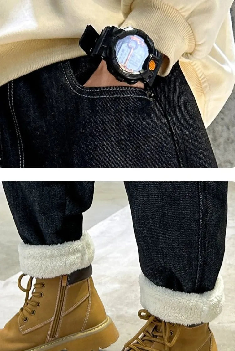Boys Fleece-Lined Jeans Thermal Winter Pants Thickened Full-Body Cashmere Long Pants for Toddler Boys Outdoor Winter Clothing