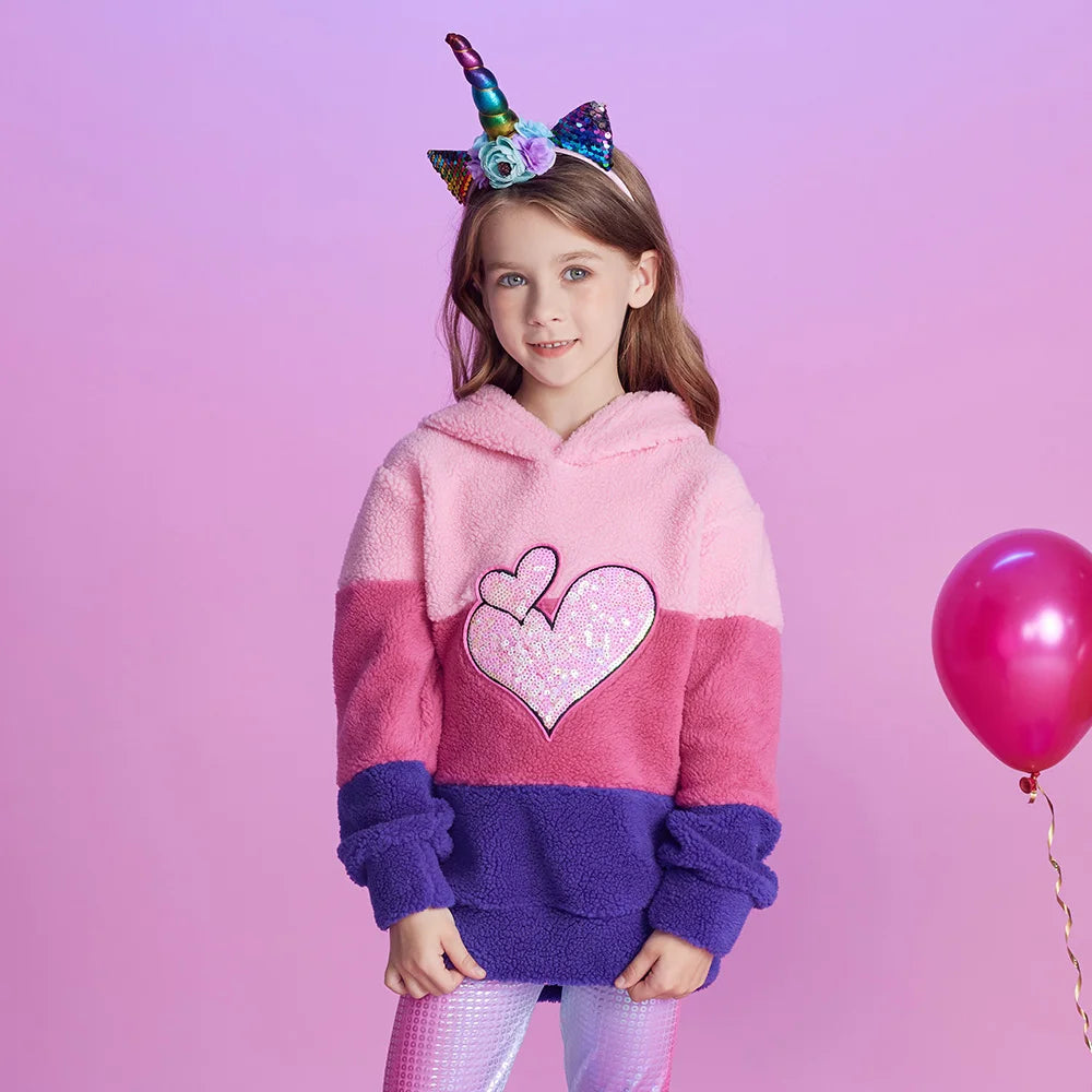 VIKITA Kids Fleece Hoodies Girls Autumn Winter Heart Sequined Hooded Sweatshirt Girls Striped Hoodies Outwear Coat Kids Clothes