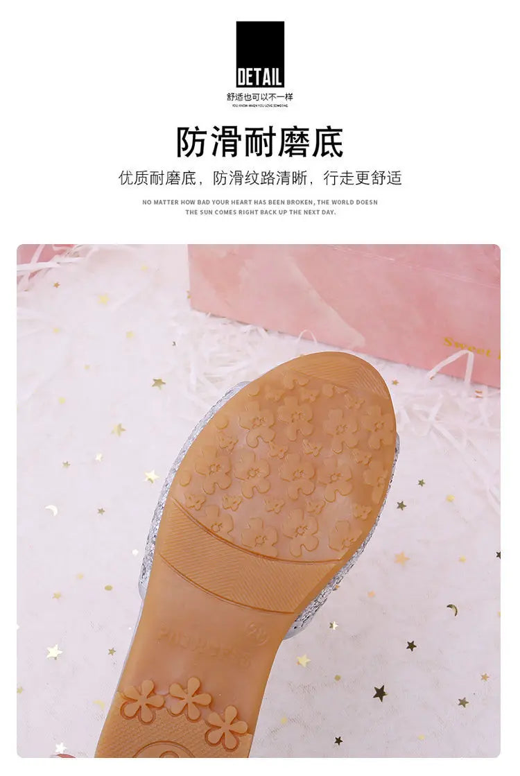 Disney Children's Sandals Frozen Slippers Fashion Elsa Princess Shoes Crystal Flowers Non-slip Blue Pink Silver Girls' Sandals