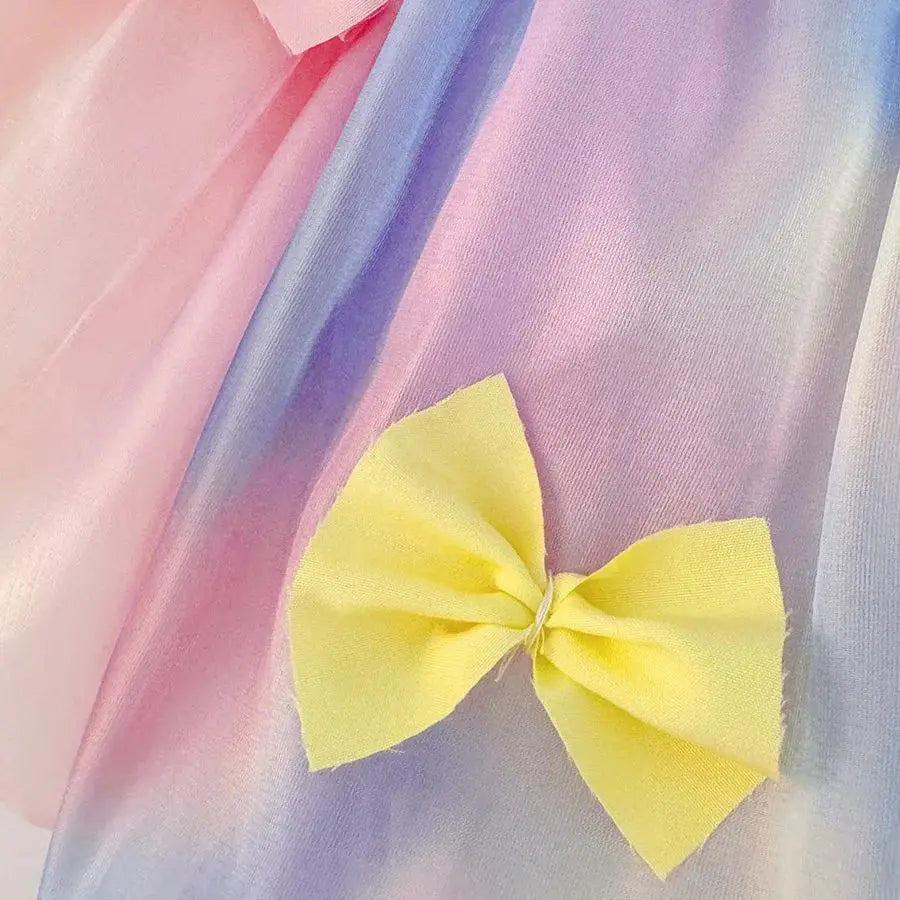 Spring And Autumn New Sweet Bow Baby Girl Dress, Colorful Gradient Skirt, Children'S Long Sleeve Clothes (9 Months -3 Years Old)