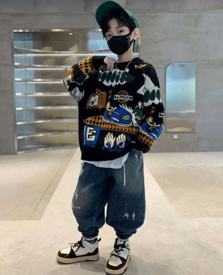 2025 New Boys' Autumn/Winter Fleece-Lined Thickened Pullover Knit Sweater - Warm Base Layer for Kids, Trendy & Cozy Design