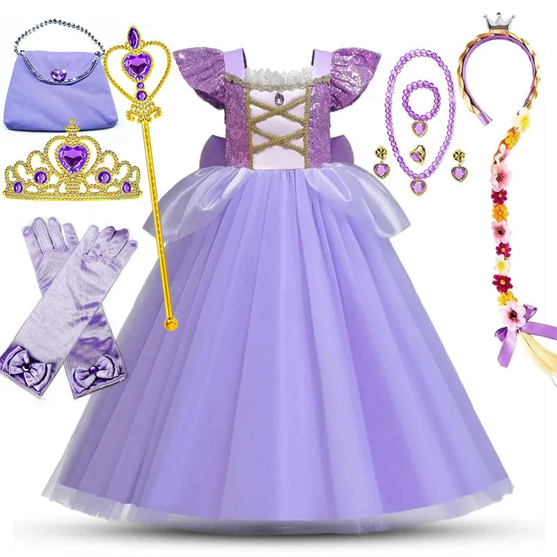 European and American Style Girl Princess Dress Rapunzel Apparel Ball Gown with Bow at Back Children Halloween Tangled Role Play