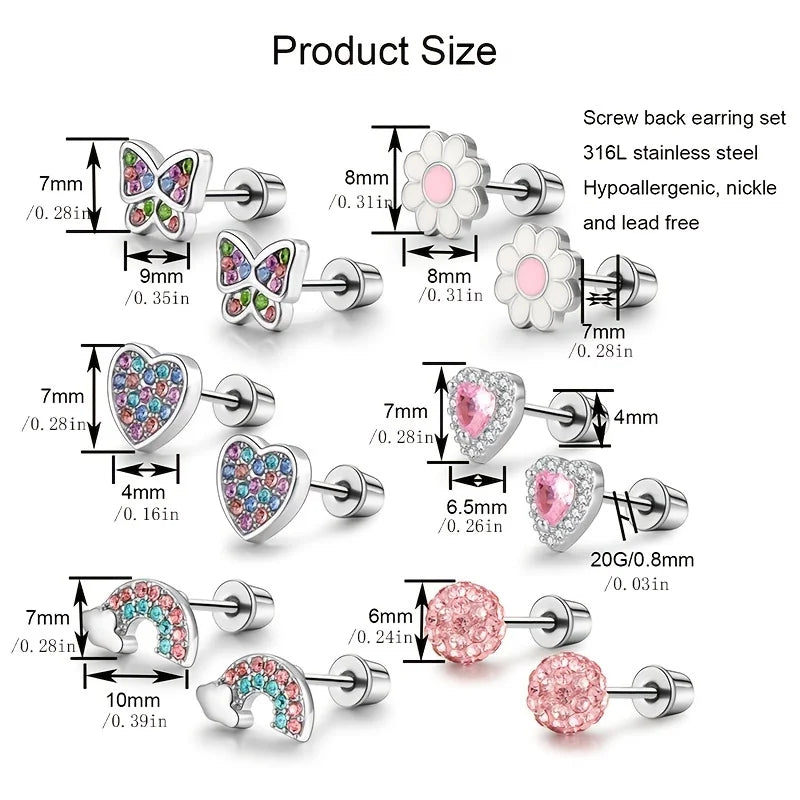 1/ 6 Pairs Hypoallergenic Screwback Earrings for Women Girls, 316L Stainless Steel Cute CZ Screw Back Earring Studs Set 20G