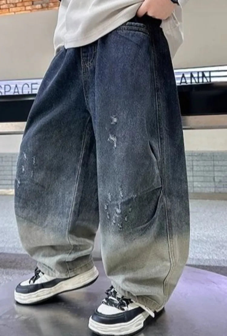 2025 New Boys' Gradient Denim Jeans Straight Leg Loose Fit Wide Pants for Kids Spring/Fall Casual Wear, Trendy & Stylish