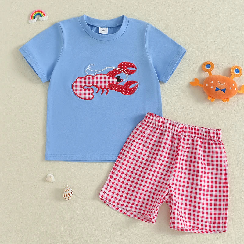 Children s Boys Summer Clothing Set with Cute Lobster Embroidered Short-Sleeve T-Shirt and Elastic Waist Shorts 2-Piece Outfit