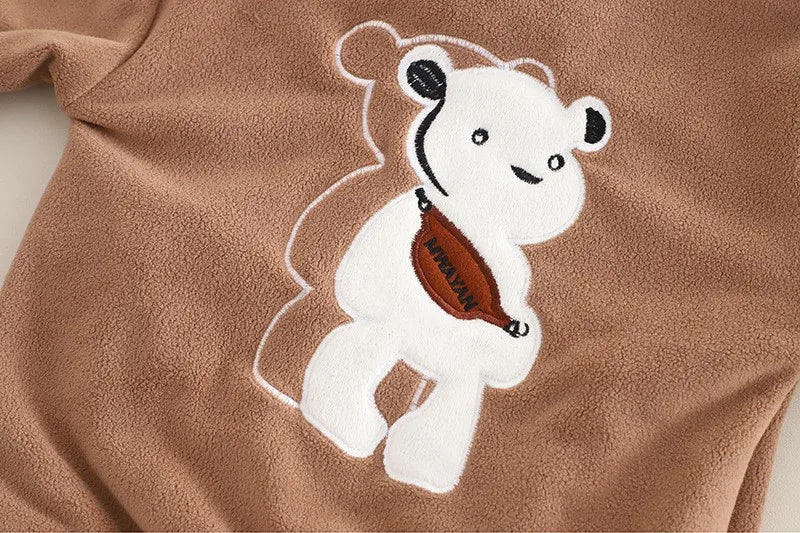 Autumn Winter Baby Boys Warm Clothes Set Thick Fleece Cartoon Bear Zipper Hooded Jacket Pants 2Pc For 1-5 Years Girls Sport Suit