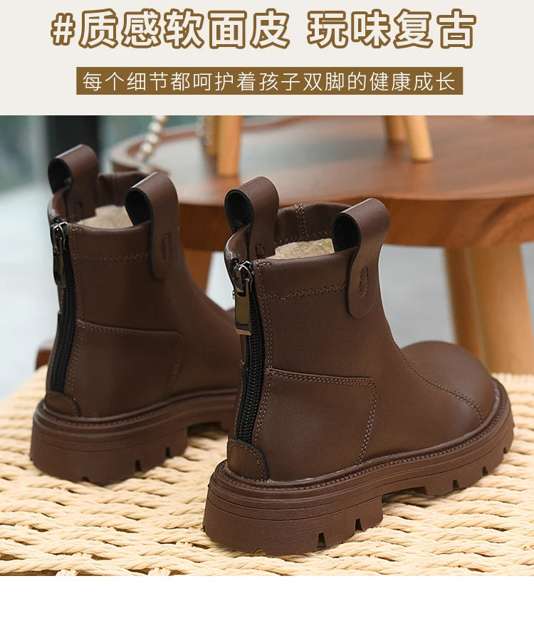 Girls' short boots, genuine leather, children's cotton boots, soft soled leather boots, children's shoes, 2025 autumn and winter
