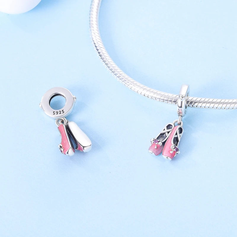 925 Sterling Silver Original Pink Ballet Shoes Charms Ballet Dancer Pendants For Women DIY Bead Fit Original Bracelet Necklace